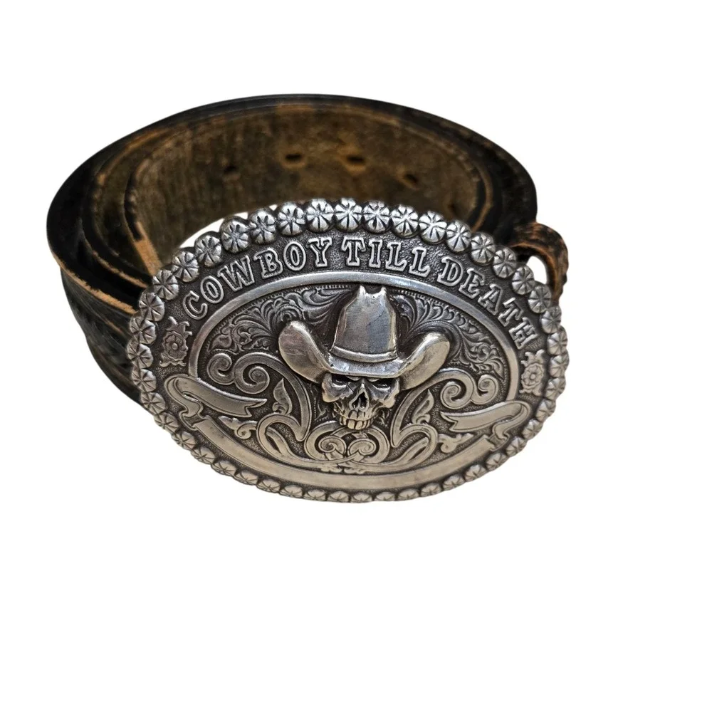 Crumrine Western Belt Buckle  Cowboy Till Death Silver Creek Belt Black 36‎